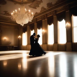 The shadows of a man and woman dancing elegantly at a grand ballroom