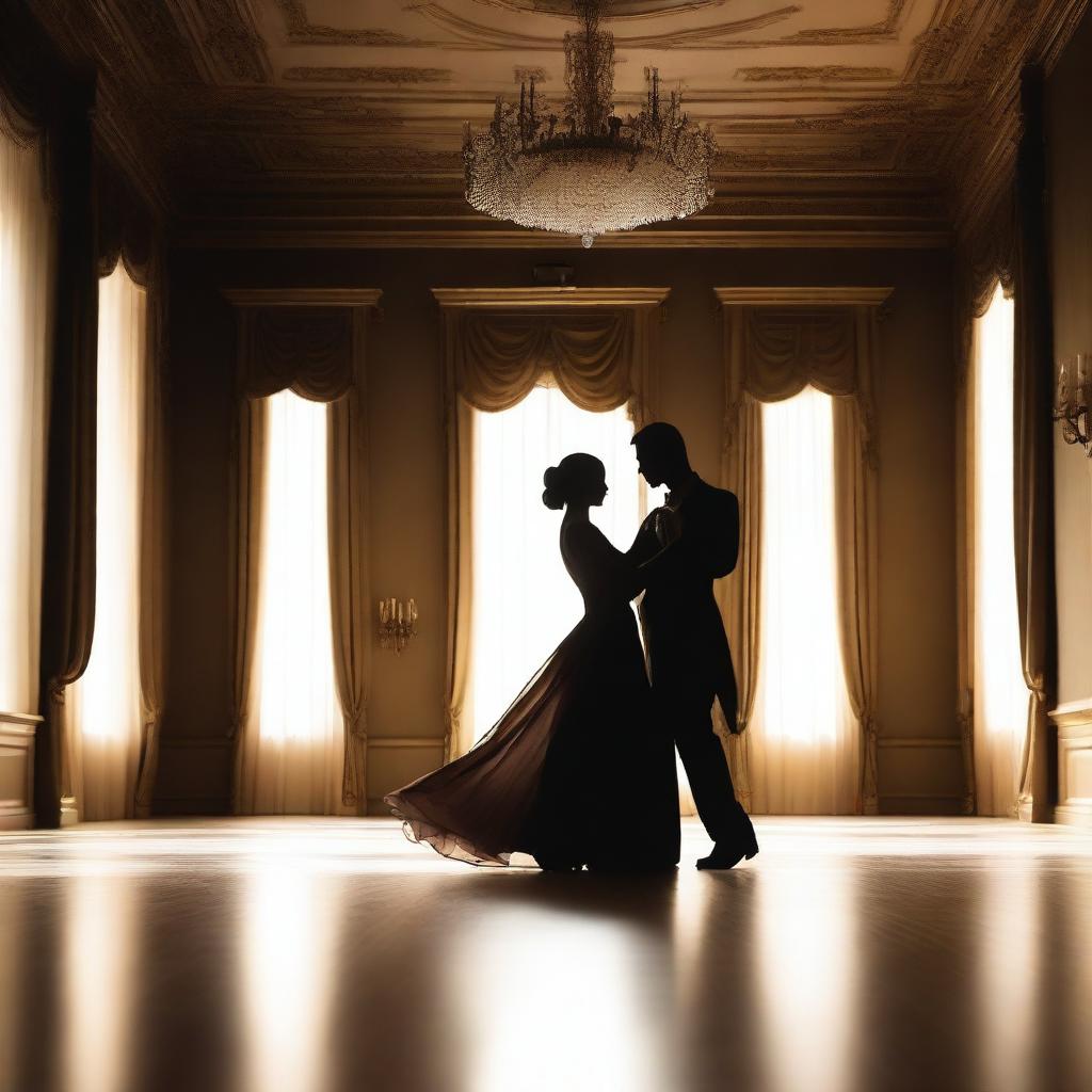 The shadows of a man and woman dancing elegantly at a grand ballroom