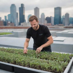 An urban farmer affectionately tending to microgreens in a city rooftop farm. Advanced LED grow lights illuminating the lush greenery against the contrasting city skyline.