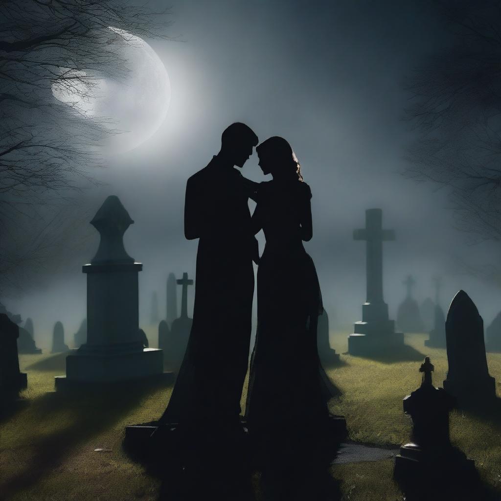 The shadows of a man and woman dancing elegantly in a cemetery at night