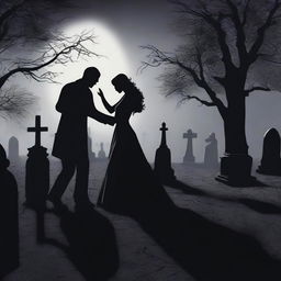 The shadows of a man and woman dancing elegantly in a cemetery at night