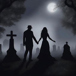 The shadows of a man and woman dancing elegantly in a cemetery at night