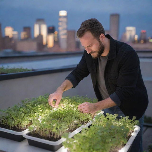 An urban farmer affectionately tending to microgreens in a city rooftop farm. Advanced LED grow lights illuminating the lush greenery against the contrasting city skyline.