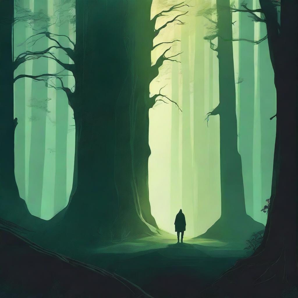 Create a captivating book cover featuring a mysterious forest with a lone figure standing at the edge of an ancient, glowing portal