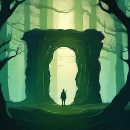 Create a captivating book cover featuring a mysterious forest with a lone figure standing at the edge of an ancient, glowing portal