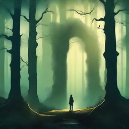 Create a captivating book cover featuring a mysterious forest with a lone figure standing at the edge of an ancient, glowing portal