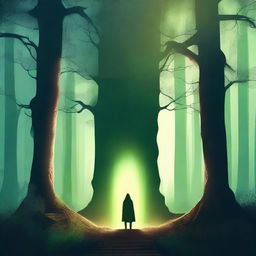 Create a captivating book cover featuring a mysterious forest with a lone figure standing at the edge of an ancient, glowing portal