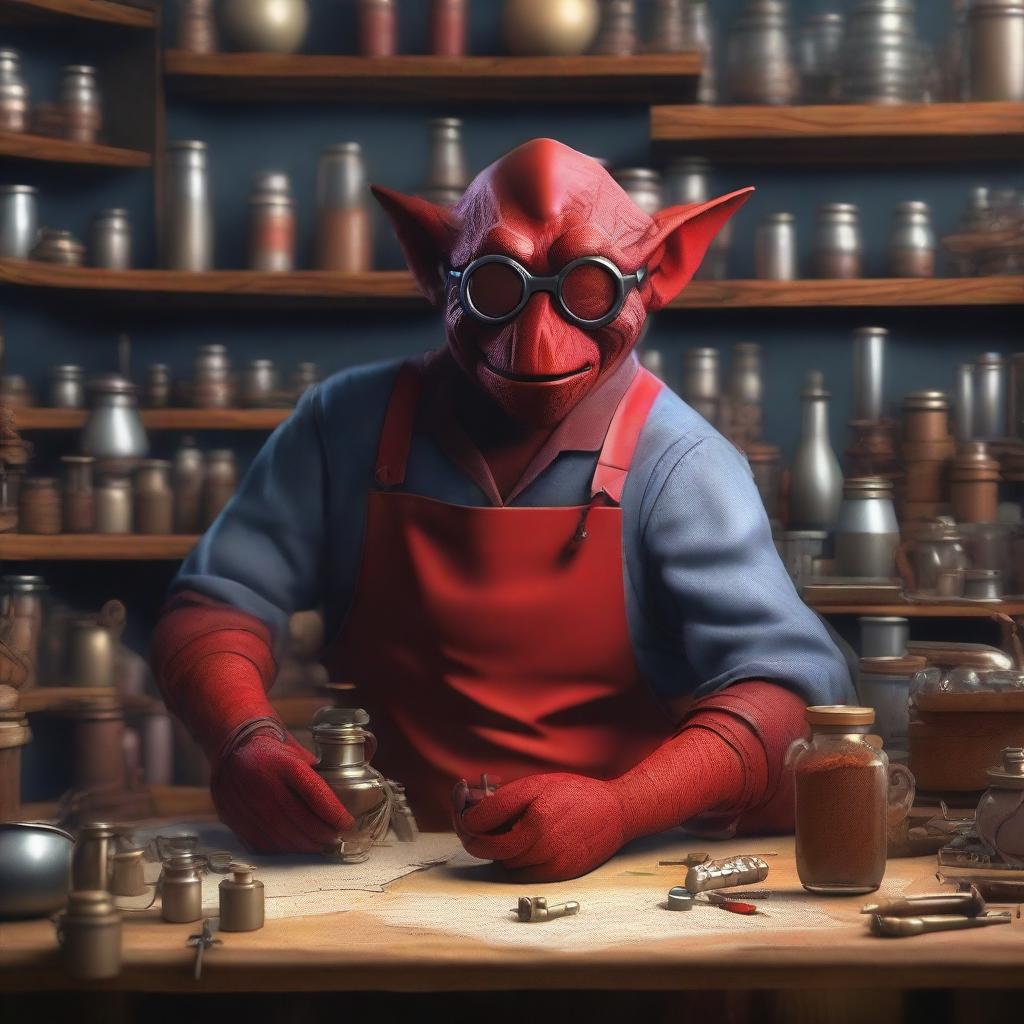 A red goblin inventor in a cluttered workshop filled with strange gadgets and tools