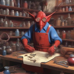 A red goblin inventor in a cluttered workshop filled with strange gadgets and tools