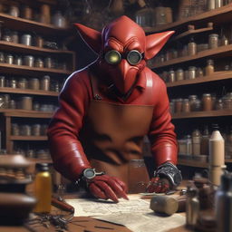 A red goblin inventor in a cluttered workshop filled with strange gadgets and tools