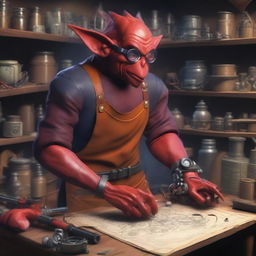 A red goblin inventor in a cluttered workshop filled with strange gadgets and tools