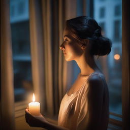 A realistic photo of a woman looking out the window at the street