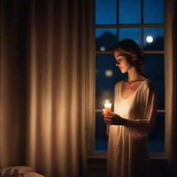 A realistic photo of a woman looking out the window at the street