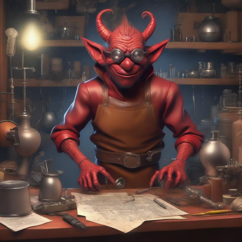 A red goblin inventor in a cluttered workshop filled with strange gadgets and tools