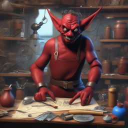 A red goblin inventor in a cluttered workshop filled with strange gadgets and tools