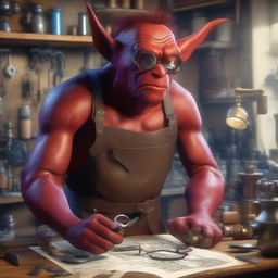 A red goblin inventor in a cluttered workshop filled with strange gadgets and tools