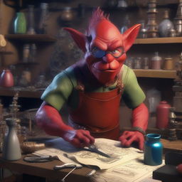 A red goblin inventor in a cluttered workshop filled with strange gadgets and tools