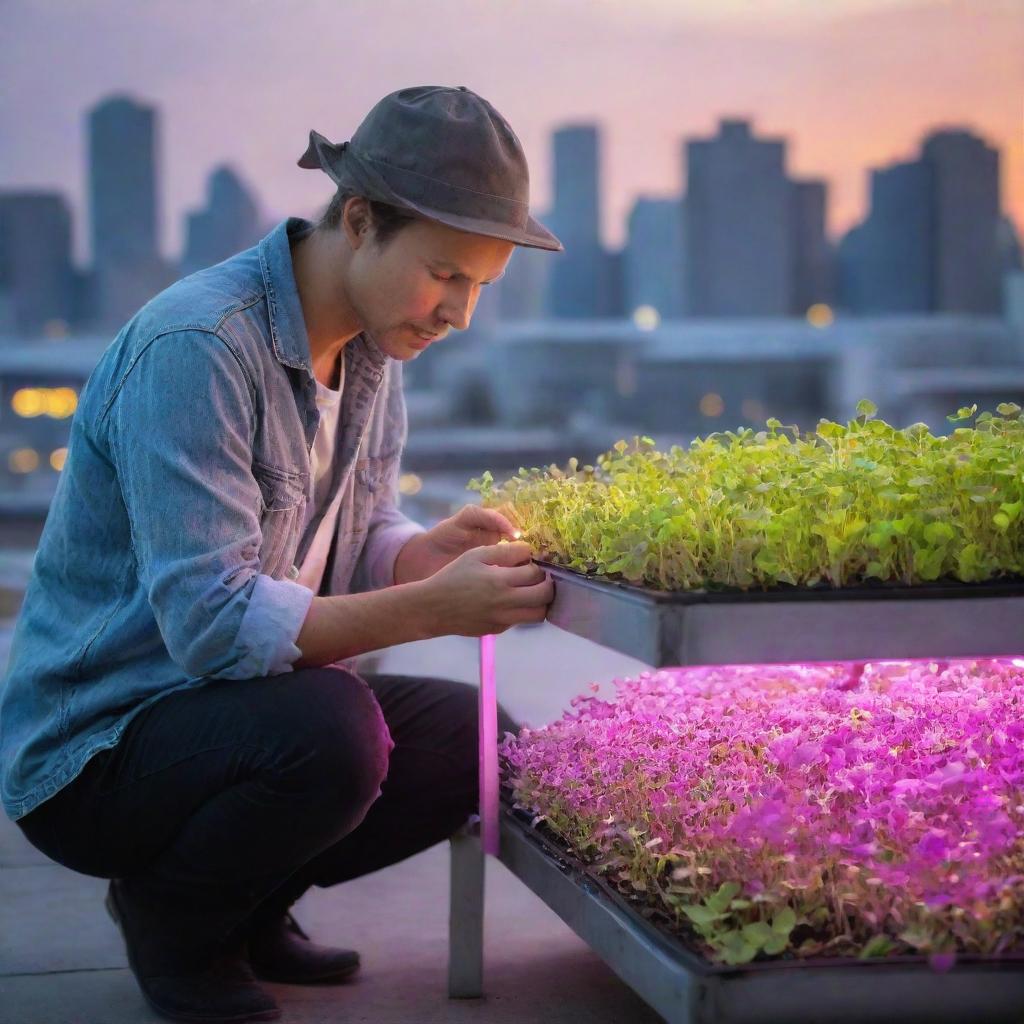 A dedicated farmer nurturing microgreens under the glowing spectrum of LED lights on a modern urban rooftop farm, amidst concrete urban jungle.