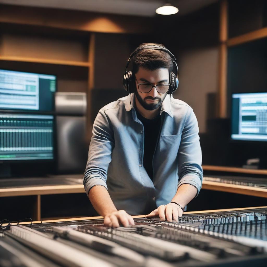 A mixing engineer working in a recording studio, surrounded by high-tech audio equipment, mixing consoles, and soundproofing panels