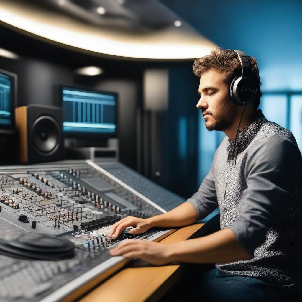 A mixing engineer working in a recording studio, surrounded by high-tech audio equipment, mixing consoles, and soundproofing panels