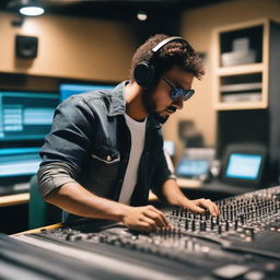 A mixing engineer working in a recording studio, surrounded by high-tech audio equipment, mixing consoles, and soundproofing panels