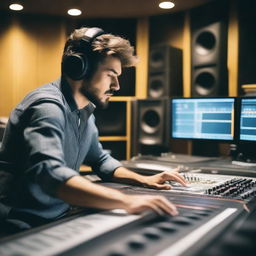 A mixing engineer working in a recording studio, surrounded by high-tech audio equipment, mixing consoles, and soundproofing panels