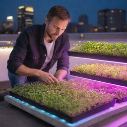 A dedicated farmer nurturing microgreens under the glowing spectrum of LED lights on a modern urban rooftop farm, amidst concrete urban jungle.