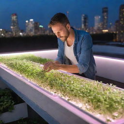 A dedicated farmer nurturing microgreens under the glowing spectrum of LED lights on a modern urban rooftop farm, amidst concrete urban jungle.