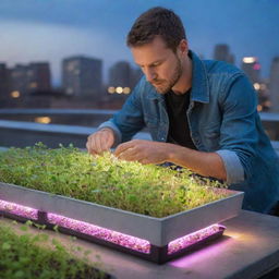 A dedicated farmer nurturing microgreens under the glowing spectrum of LED lights on a modern urban rooftop farm, amidst concrete urban jungle.