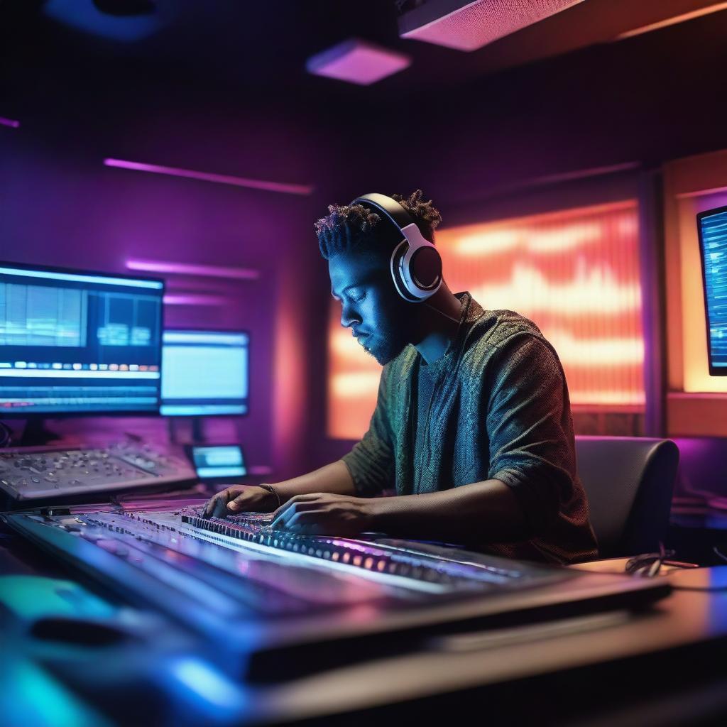 A vibrant and dynamic scene of a music producer in a modern studio, surrounded by high-tech equipment, mixing consoles, and glowing LED lights