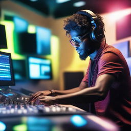 A vibrant and dynamic scene of a music producer in a modern studio, surrounded by high-tech equipment, mixing consoles, and glowing LED lights