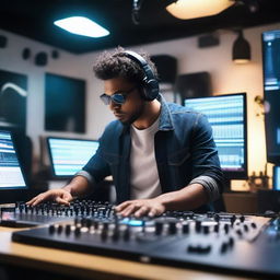 A vibrant and dynamic scene of a music producer in a modern studio, surrounded by high-tech equipment, mixing consoles, and glowing LED lights