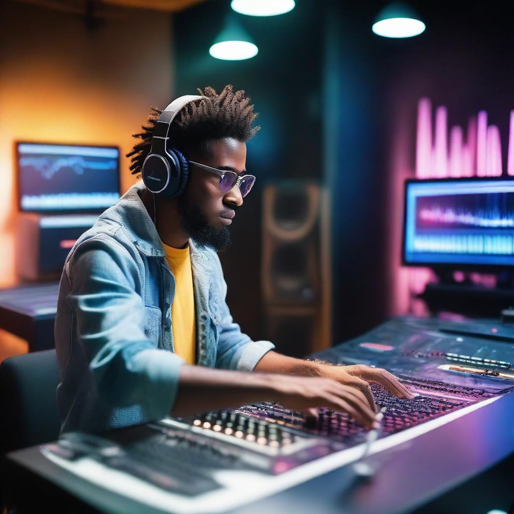 A vibrant and dynamic scene of a music producer in a modern studio, surrounded by high-tech equipment, mixing consoles, and glowing LED lights