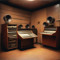 An album cover featuring a detailed background of an analog recording studio