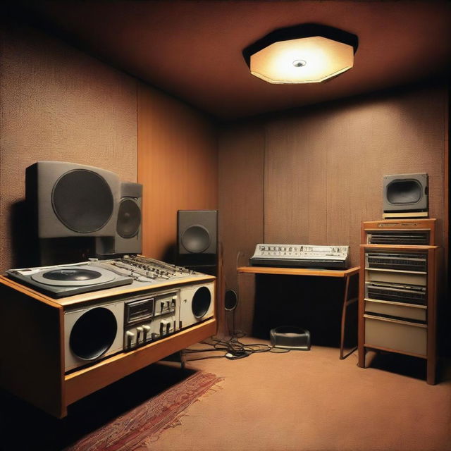 An album cover featuring a detailed background of an analog recording studio