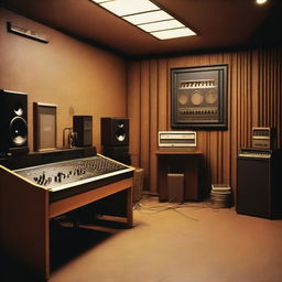 An album cover featuring a detailed background of an analog recording studio