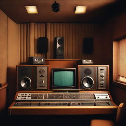 An album cover featuring a detailed background of an analog recording studio