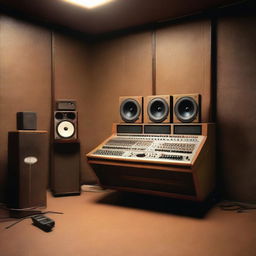 An album cover featuring a detailed background of an analog recording studio