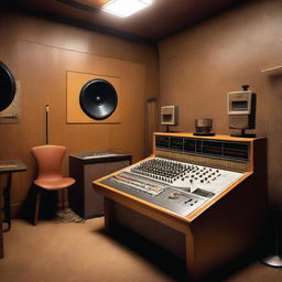 An album cover featuring a detailed background of an analog recording studio