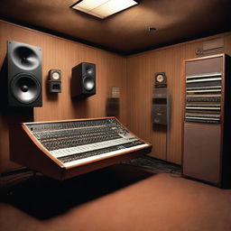 An album cover featuring a detailed background of an analog recording studio