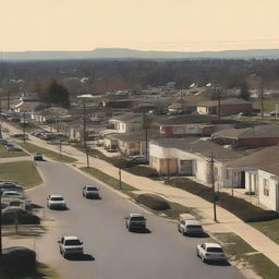 A small suburban town on the outskirts of a corporate city, reminiscent of Wyoming, Georgia, Maine, or Virginia