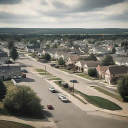 A small suburban town on the outskirts of a corporate city, reminiscent of Wyoming, Georgia, Maine, or Virginia