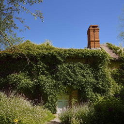 A charming rustic house nestled in serene woodland, with ivy crawling up its stone walls and smoke curling up from its brick chimney. In the garden, wild flowers sway in a gentle breeze under a clear blue sky.