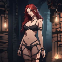 A red-haired woman wearing lingerie standing in a dark, eerie dungeon