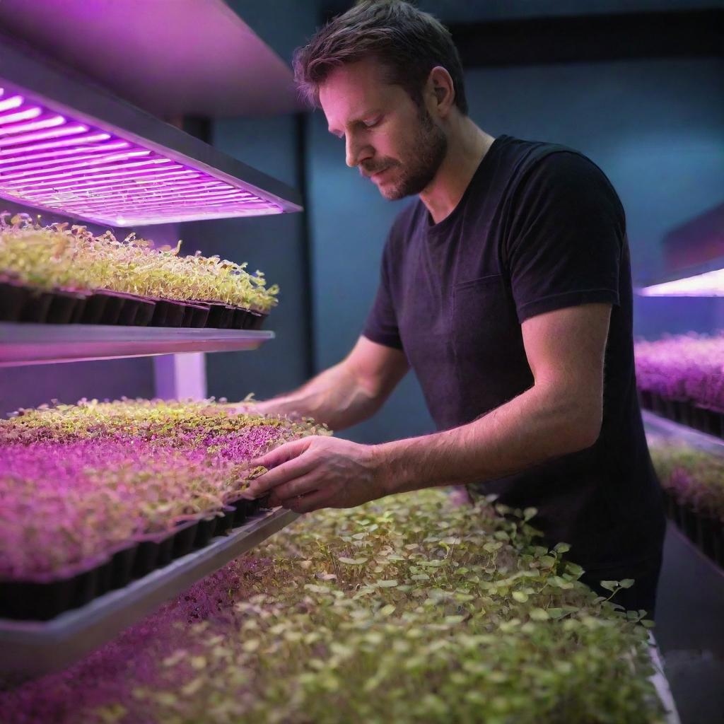 A farmer attentively nurturing a vibrant array of microgreens under the intense hues of LED lights in an urban farming setup.