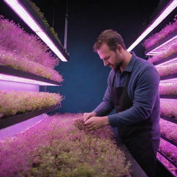 A farmer attentively nurturing a vibrant array of microgreens under the intense hues of LED lights in an urban farming setup.