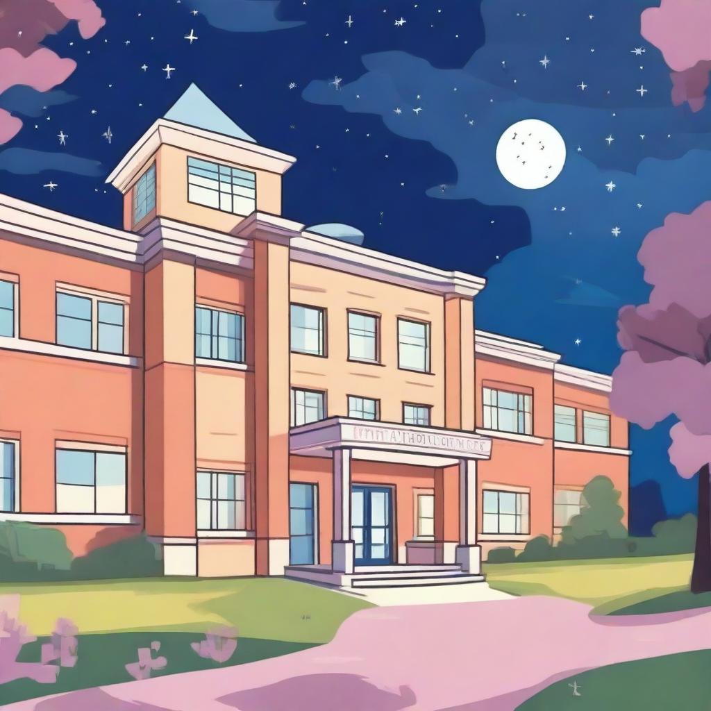 A magical, romantic cartoon scene featuring a night sky over a hospital