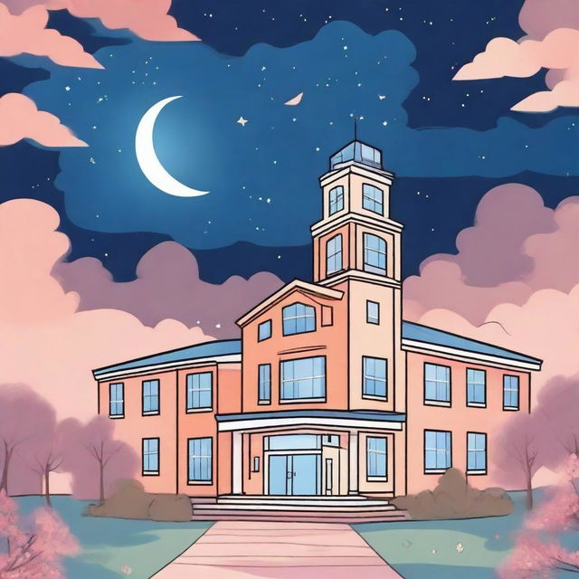 A magical, romantic cartoon scene featuring a night sky over a hospital