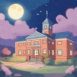 A magical, romantic cartoon scene featuring a night sky over a hospital