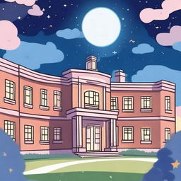 A magical, romantic cartoon scene featuring a night sky over a hospital